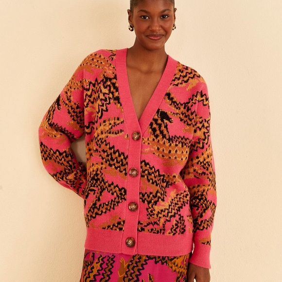 Farm Rio Pink Croco Knit Cardigan - Picture 1 of 9